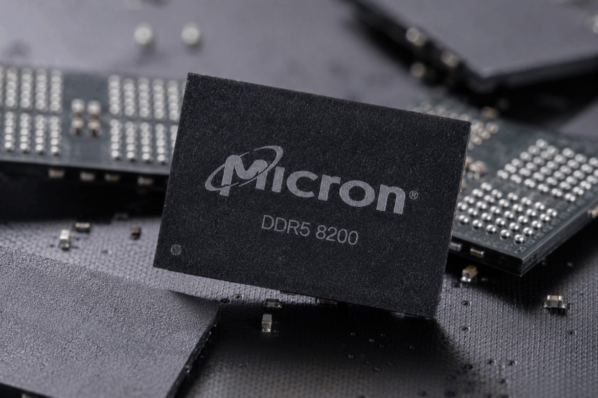 Micron DDR5 8200 memory chip displayed among semiconductor components.
