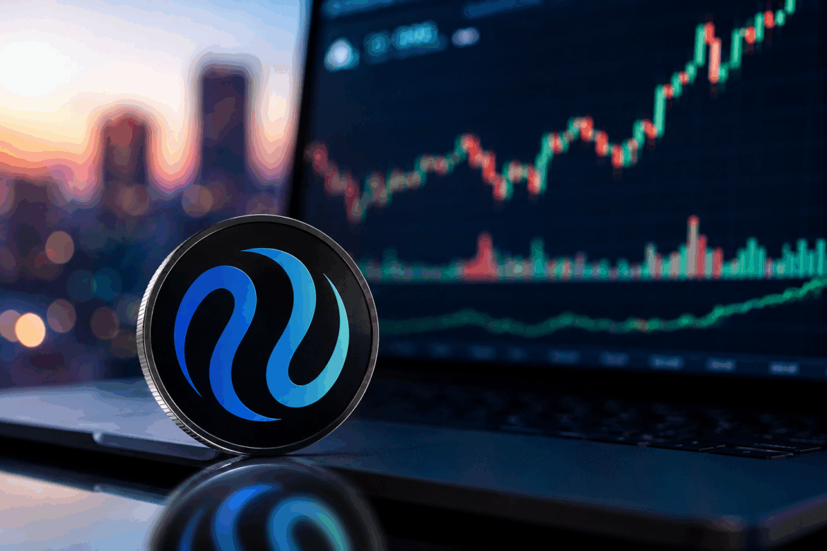 Injective INJ token displayed beside a rising crypto candlestick chart