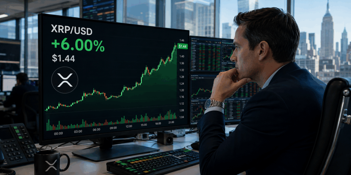 Trader watches XRP rise 6% to $1.44 on a large XRP/USD market screen