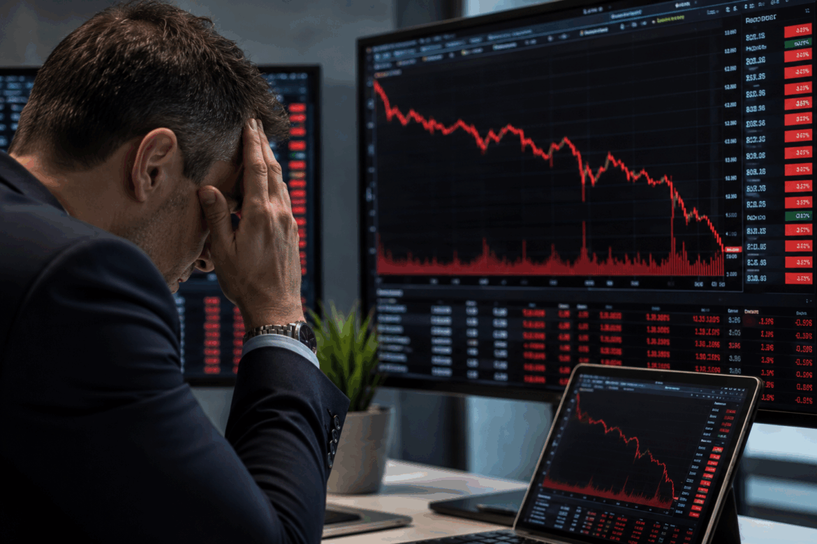 Investor looking down at a falling stock market chart