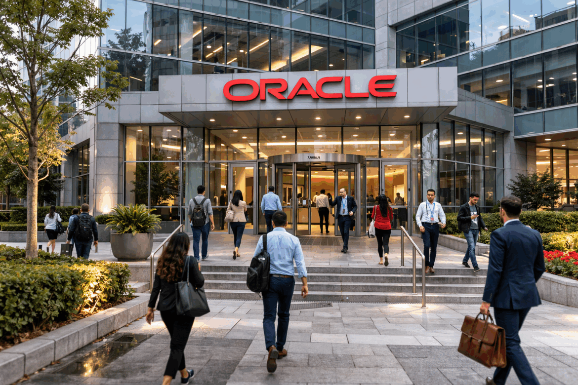 People walking to Oracle's office building