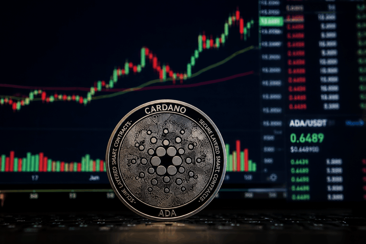 Cardano ADA coin stands in front of a trading screen showing a rising crypto price chart.