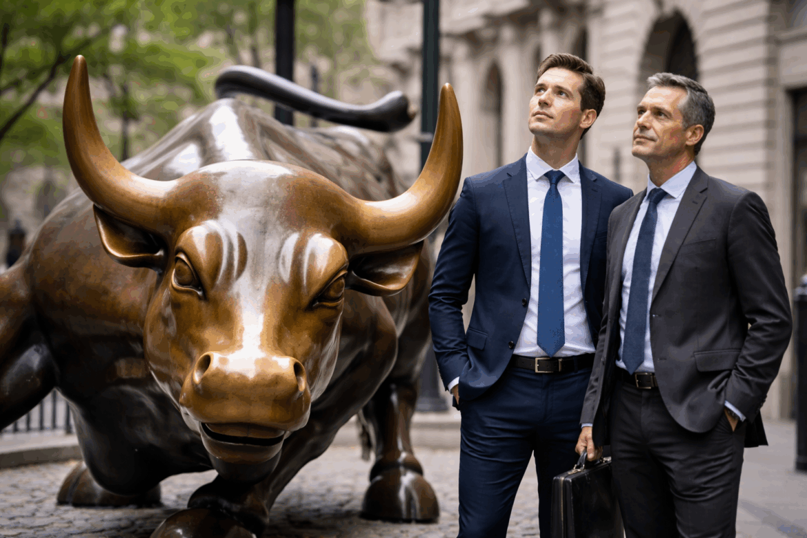 Two business professionals standing beside the Charging Bull statue on Wall Street, looking upward.